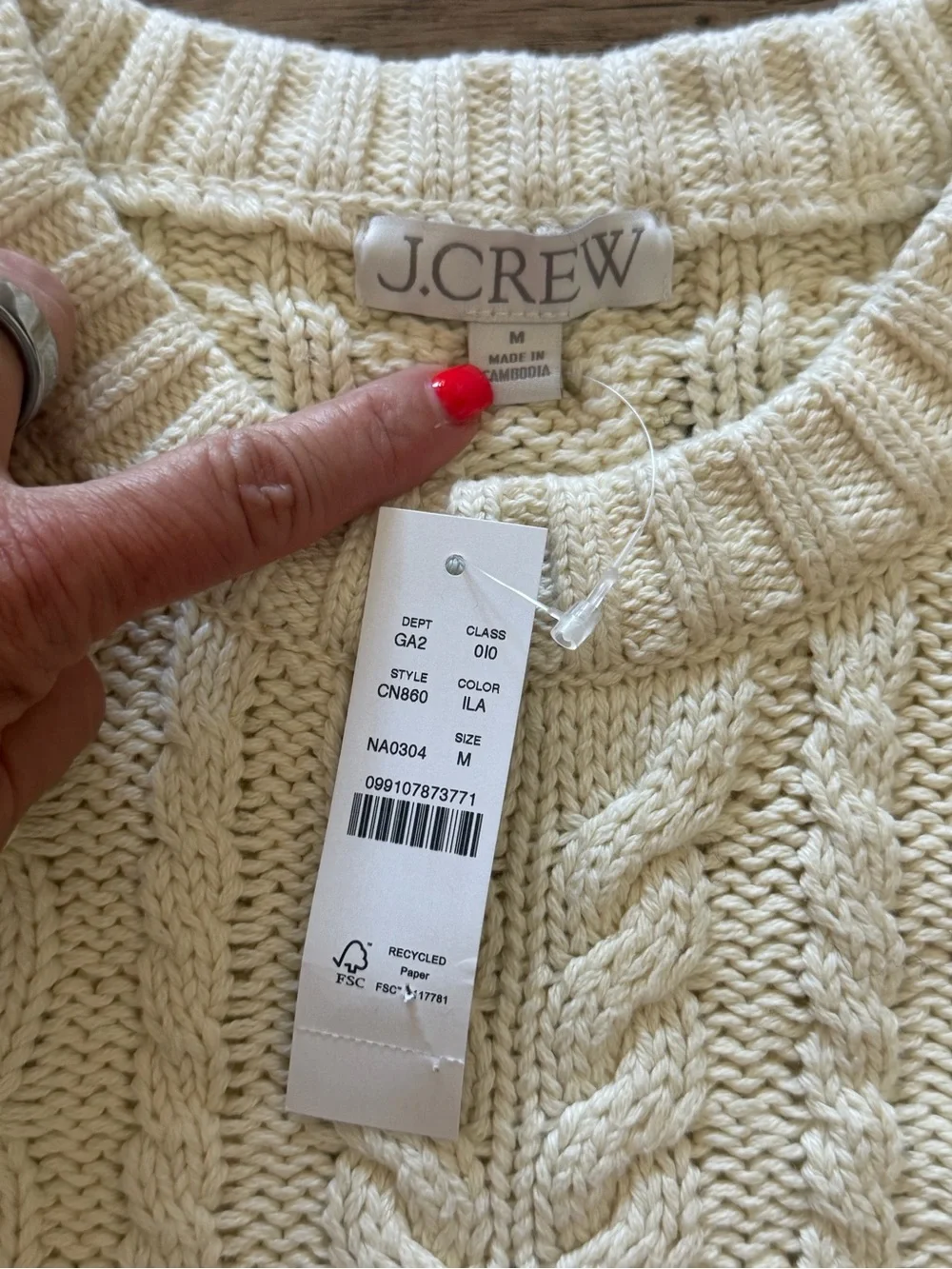 J.Crew NWT Fisherman Sweater 100% Cotton Cable Knit Cream Ivory Medium